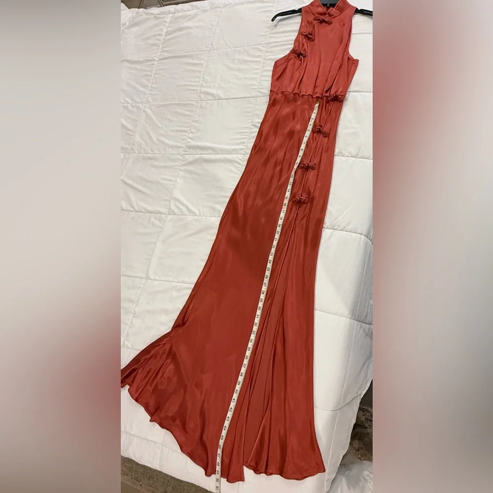 Elegant Terracotta Satin High Neck Sleeveless Gown. - Picture 6 of 9